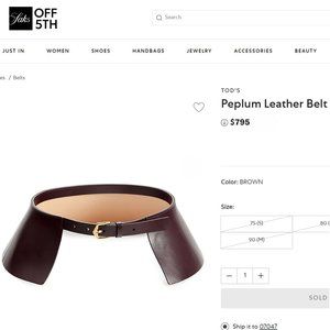 SOLD $795 TOD'S 75 / S Peplum Brown Genuine Leather Belt with Dust Bag XS